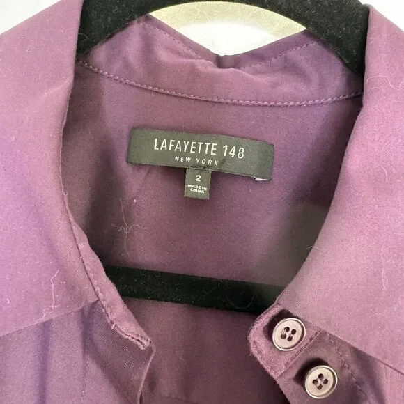 Lafayette 148 New York Dannell Eggplant Button Down Stretch Hi Low  Blouse 2 - Picture 3 of 7